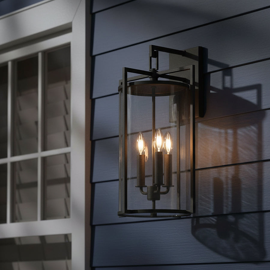 Peyton Outdoor Wall Light, Large 21" Textured Black for Modern Farmhouse home with Dark Blue Siding