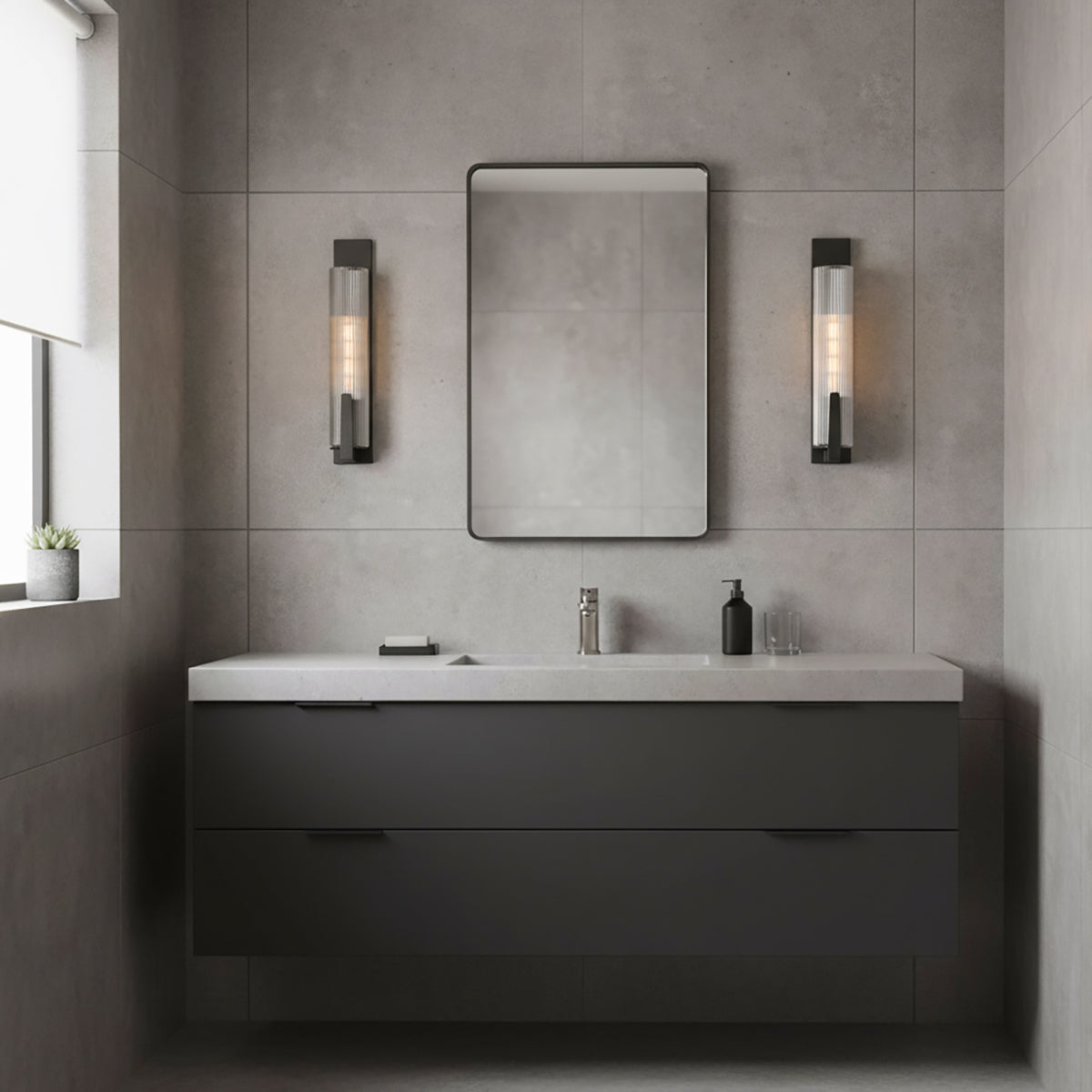 Stratton Wall Sconce 20", Forged Iron - Two sconces flanking a mirror above a bathroom vanity