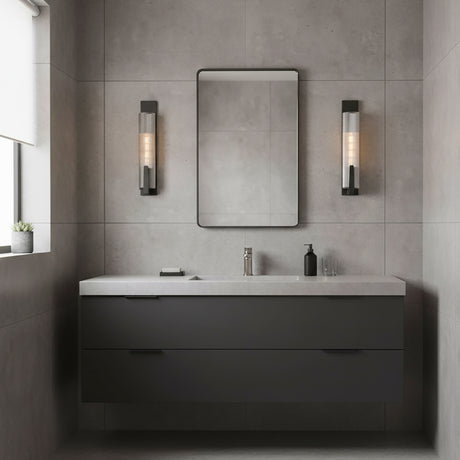 Stratton Wall Sconce 20", Forged Iron - Two sconces flanking a mirror above a bathroom vanity