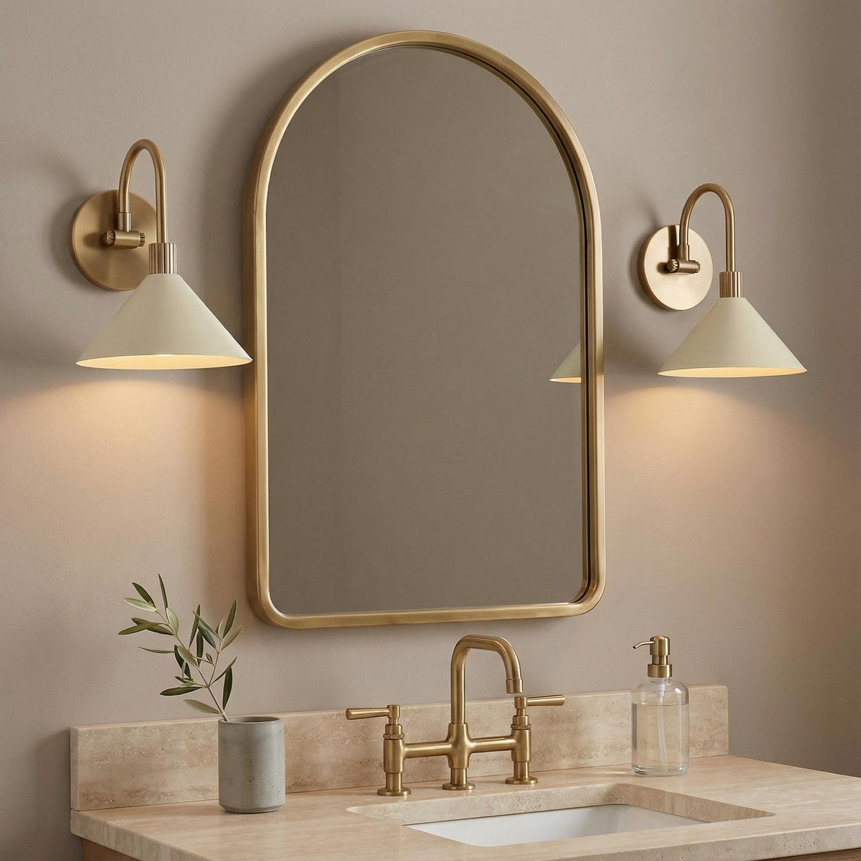 Fletcher Wall Sconce 10", Patina Brass and Soft Sand