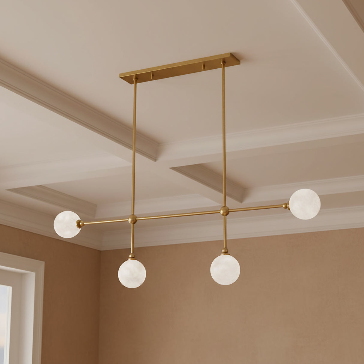 Olivia 4 Light Linear Pendant 46", Aged Brass for Modern home with Beige walls