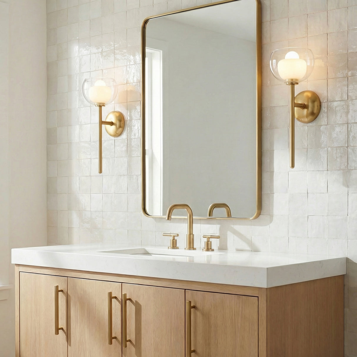 Rhett Wall Sconce 17", Aged Brass globe Wall Sconce in a Transitional Bathroom with white zellige tile and an oak vanity.