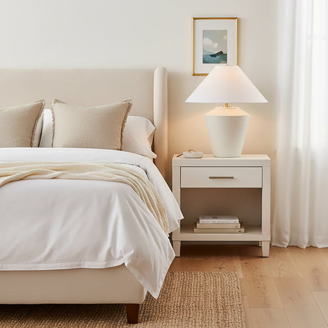 Calista Ceramic Table Lamp, Whitewashed Terracotta - Bedroom featuring a white table lamp on a nightstand