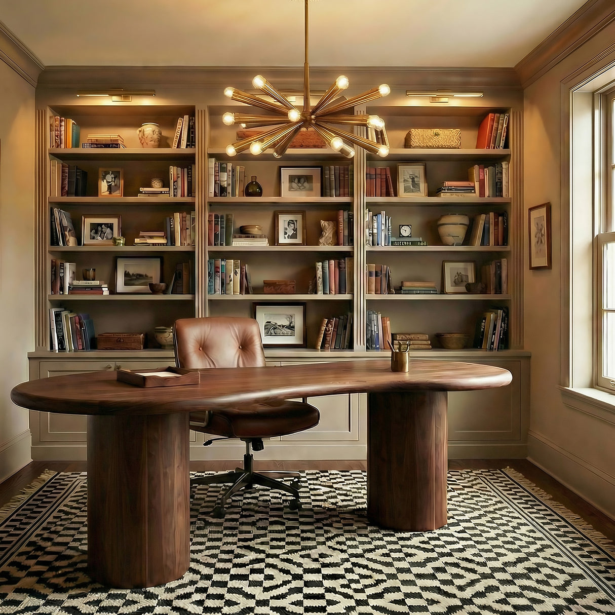 Camellia Medium Chandelier 30", Patina Brass geometric Chandelier in a Transitional Office with a curved walnut desk and leather chair.