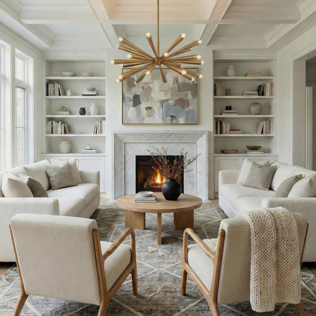 Camellia Large Chandelier 40", Patina Brass geometric Chandelier in a Transitional Living Room with a white marble fireplace.