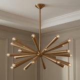 Camellia Large Chandelier 40", Patina Brass geometric Chandelier in a Mid-Century Living Room with wall paneling.