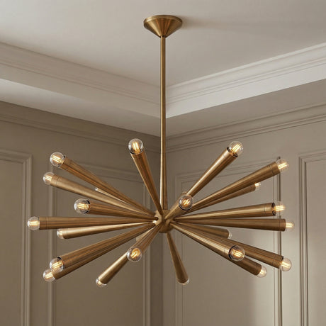 Camellia Large Chandelier 40", Patina Brass geometric Chandelier in a Mid-Century Living Room with wall paneling.