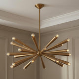 Camellia Large Chandelier 40", Patina Brass geometric Chandelier in a Mid-Century Living Room with wall paneling.