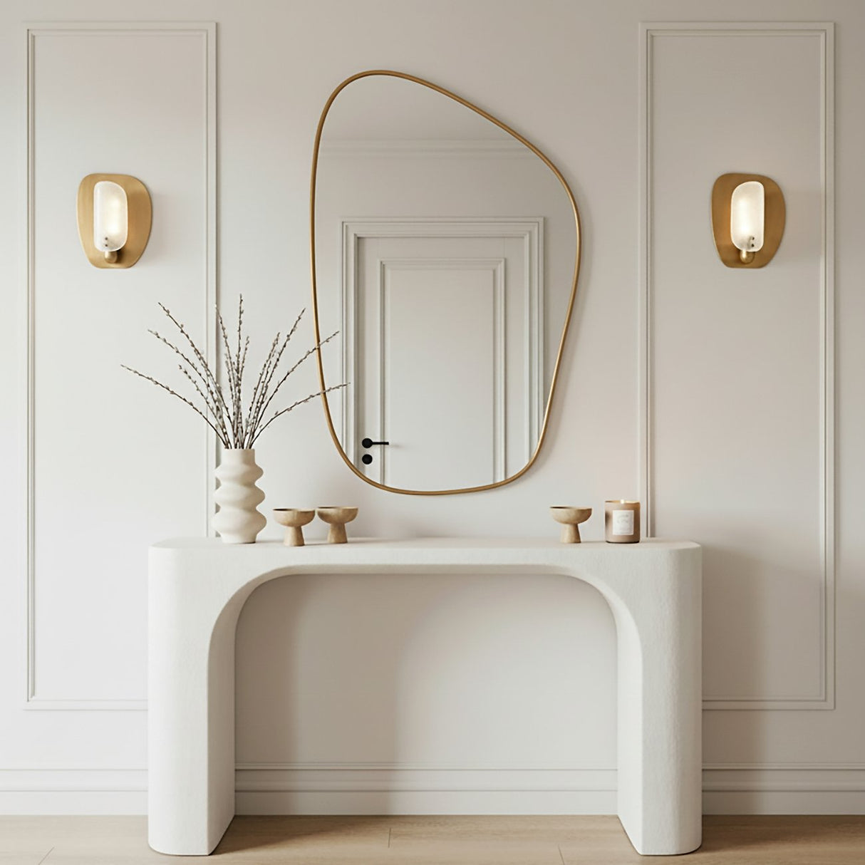 Jane Wall Sconce 12, Patina Brass for Modern home with White Siding