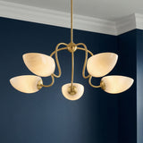 Calliope 5 Light Chandelier 34", Aged Brass for Modern home with Blue Siding