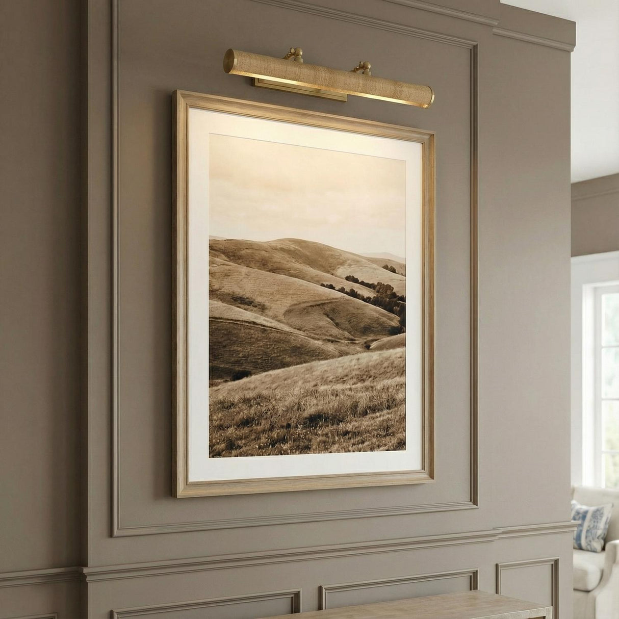 Judy Large Picture Light 24", Aged Brass and Grasscloth