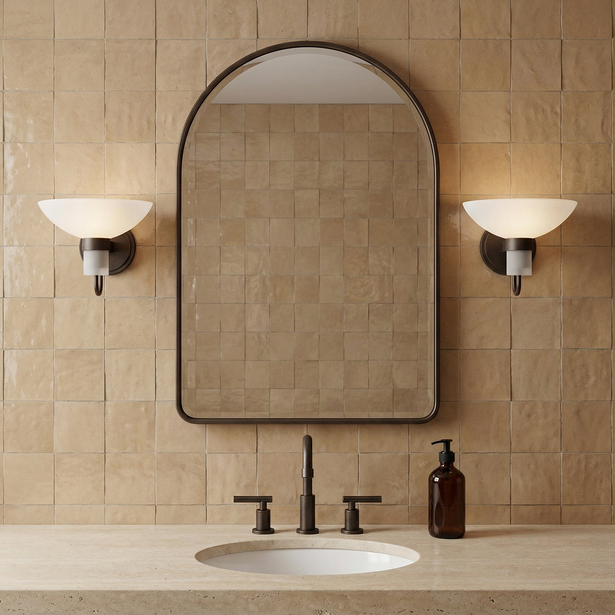 Decker Wall Sconce 8", Textured Bronze for Modern home with Beige Tile