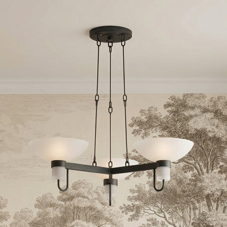 Decker 3 Light Chandelier 30", Textured Bronze in a Transitional Living Room with toile wallpaper.