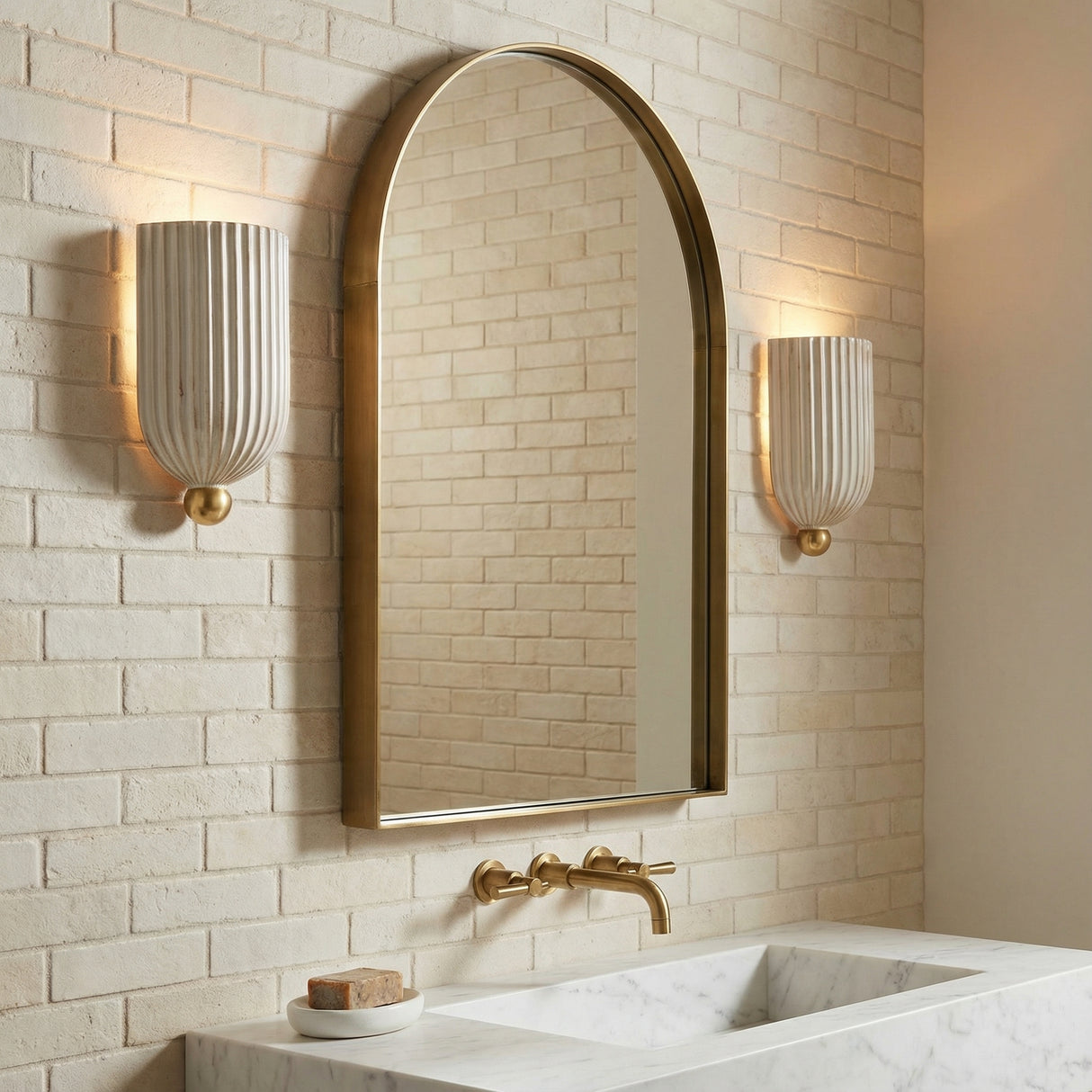 Meredith Wall Sconce 10, Aged Brass and Ceramic for Modern home with White Brick