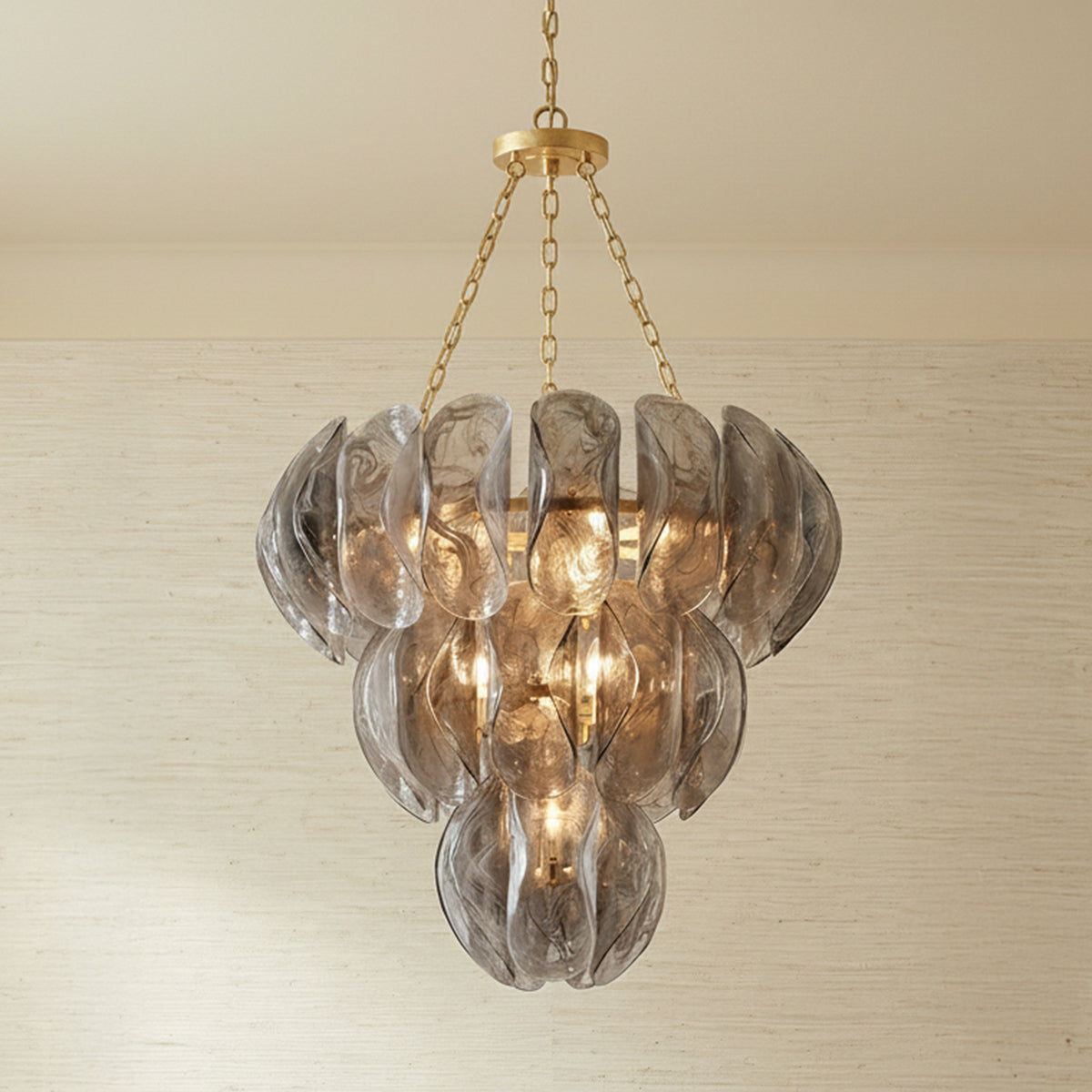 Vivian Chandelier 33, Gold Leaf and Smoke Glass for Contemporary home with Beige Shiplap