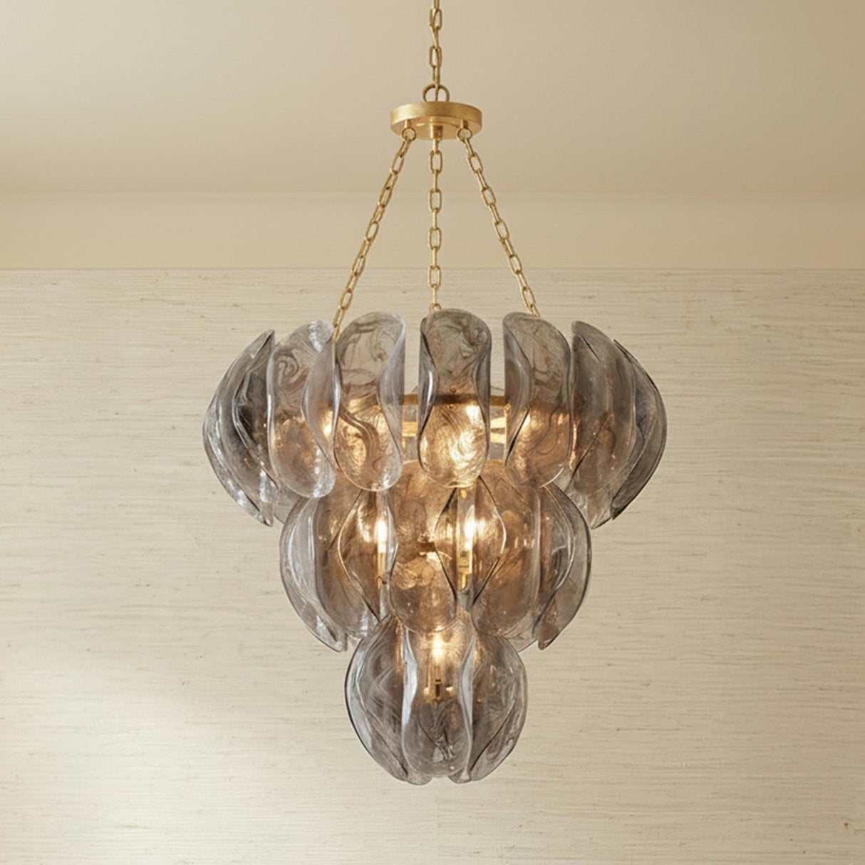 Vivian Chandelier 33, Gold Leaf and Smoke Glass for Contemporary home with Beige Shiplap