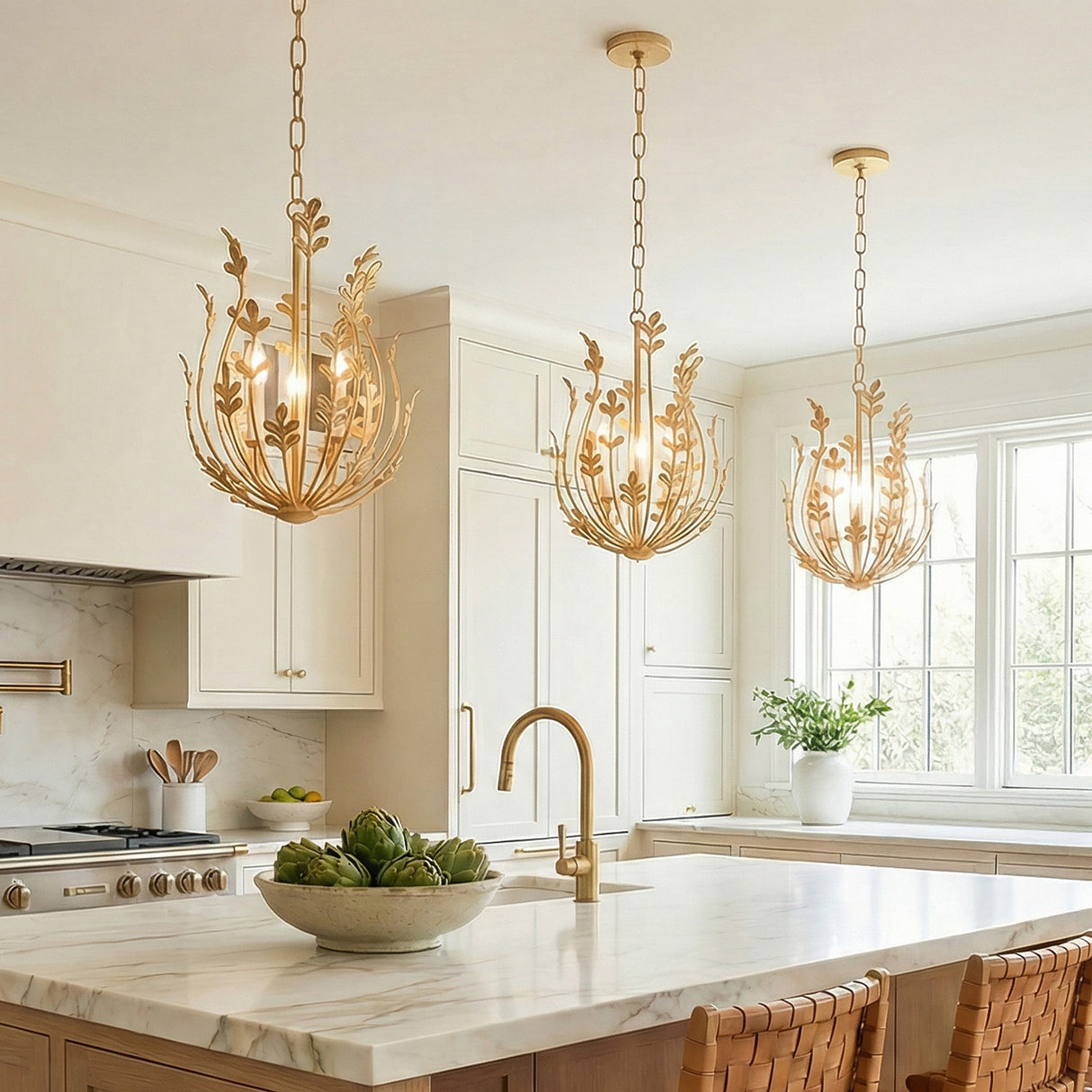 Annelise Pendant 14", Gold leaf design pendant in a Transitional Kitchen with a white marble island and woven stools.