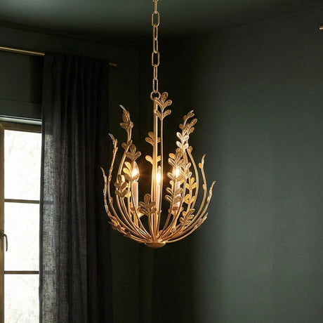 Annelise Chandelier 14", Gold leaf design Chandelier in a Transitional Living Room with deep green walls and dark grey curtains.
