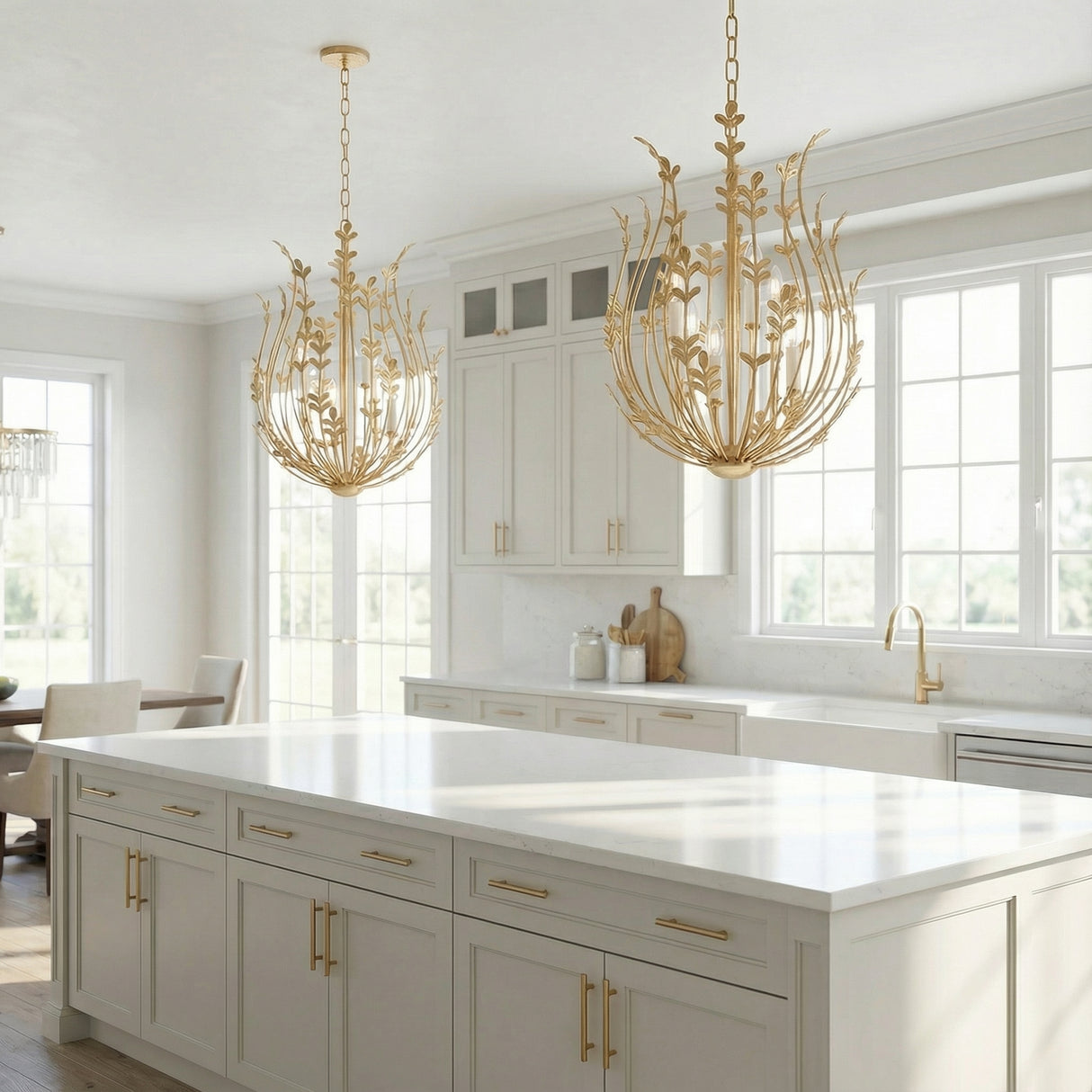 Annelise Chandelier 24", Gold Leaf leaf design Chandelier in a Transitional Kitchen with a white marble island and gold hardware.