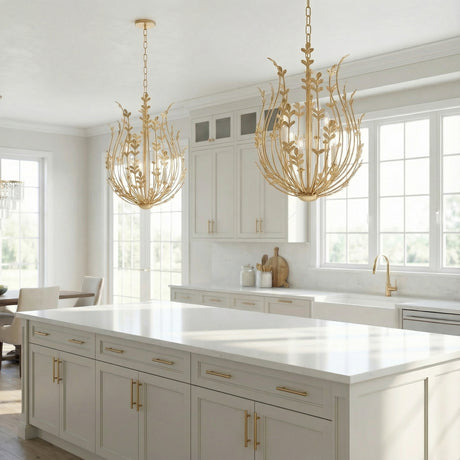 Annelise Chandelier 24", Gold Leaf leaf design Chandelier in a Transitional Kitchen with a white marble island and gold hardware.