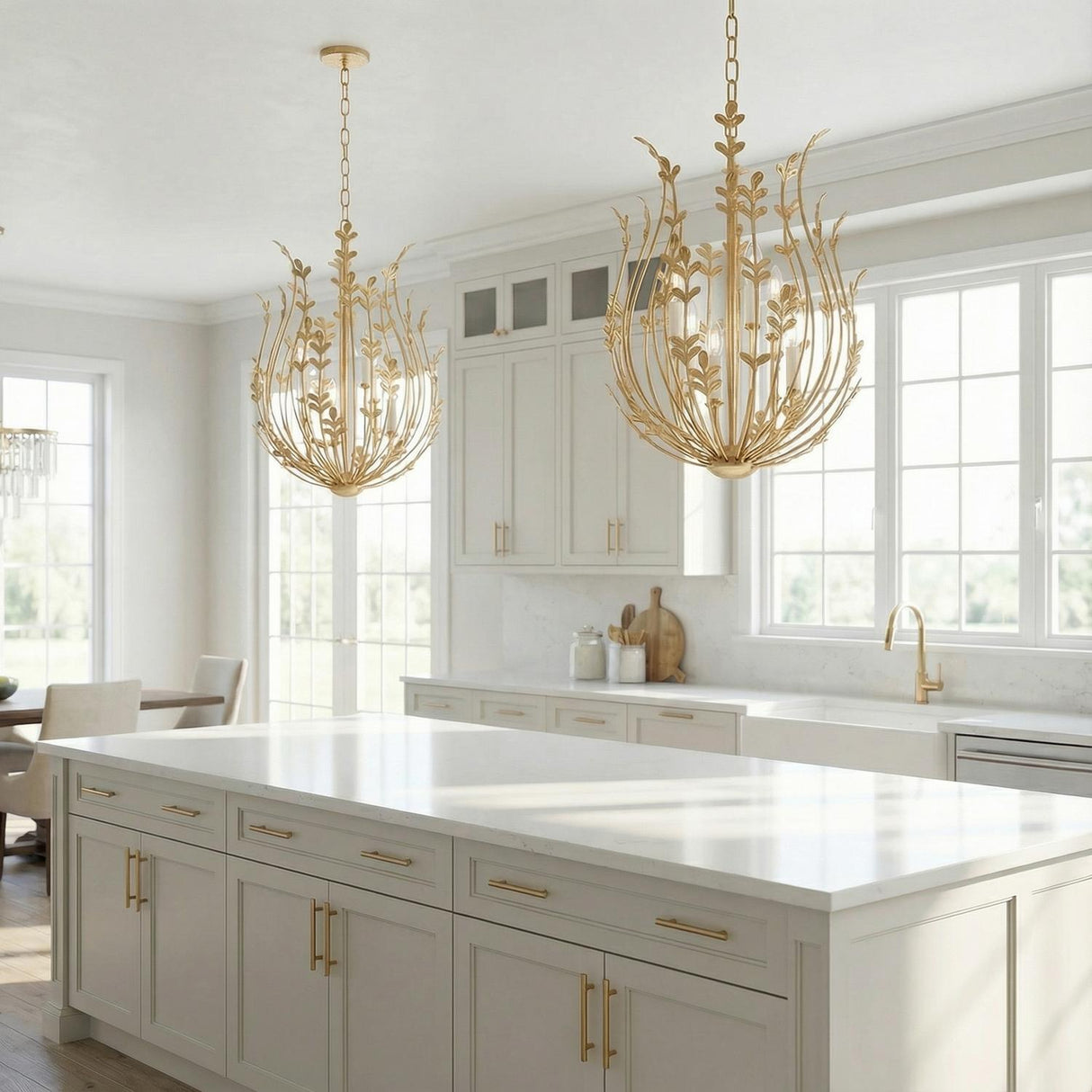 Annelise Chandelier 24", Gold Leaf leaf design Chandelier in a Transitional Kitchen with a white marble island and gold hardware.