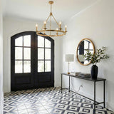 William 6 Light Ring Chandelier 36", Aged Brass geometric ring Chandelier in a Modern Farmhouse Entryway with patterned tile floor.