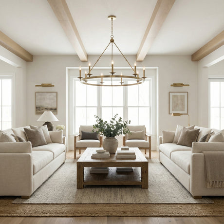 Classic 8 Light Ring Chandelier, Aged Brass geometric chandelier in a Transitional Living Room with neutral sofas and a rustic wood coffee table.