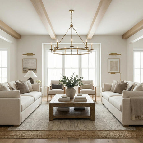 Classic 8 Light Ring Chandelier, Aged Brass geometric chandelier in a Transitional Living Room with neutral sofas and a rustic wood coffee table.