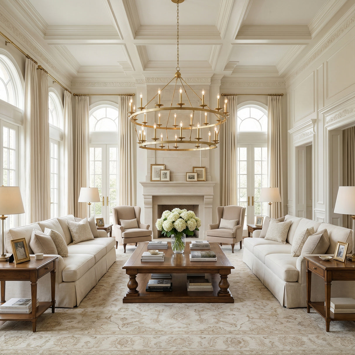 William Two-Tier Ring Chandelier 58", Aged Brass geometric Chandelier in a Traditional Living Room with cream skirted sofas and dark wood coffee table.