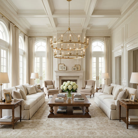 William Two-Tier Ring Chandelier 58", Aged Brass geometric Chandelier in a Traditional Living Room with cream skirted sofas and dark wood coffee table.