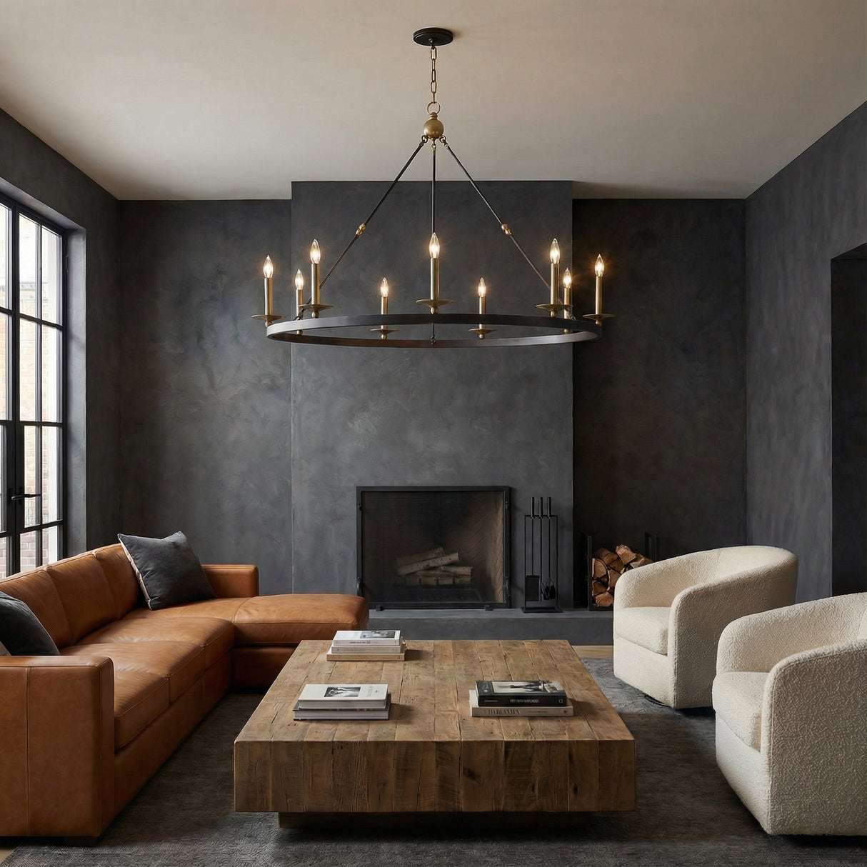 William 9 Light Ring Chandelier 46", Old Bronze geometric Chandelier in a Transitional Living Room with leather sectional & wood table.