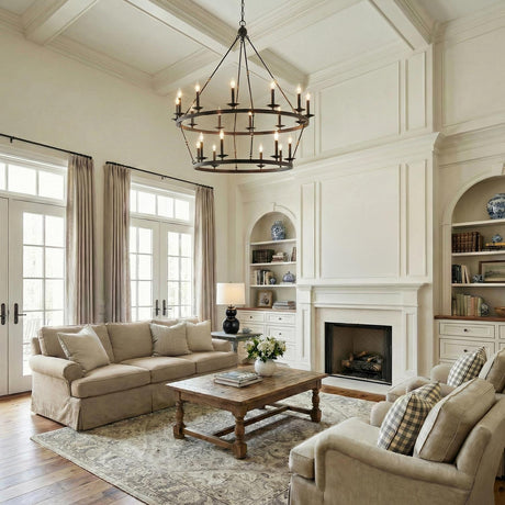 William Two-Tier Ring Chandelier 47", Old Bronze geometric Chandelier in a Traditional Living Room with a rustic oak table.