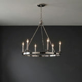 William 6 Light Ring Chandelier 36", Polished Nickel geometric chandelier in a Transitional Dining Room with a dark charcoal wall.