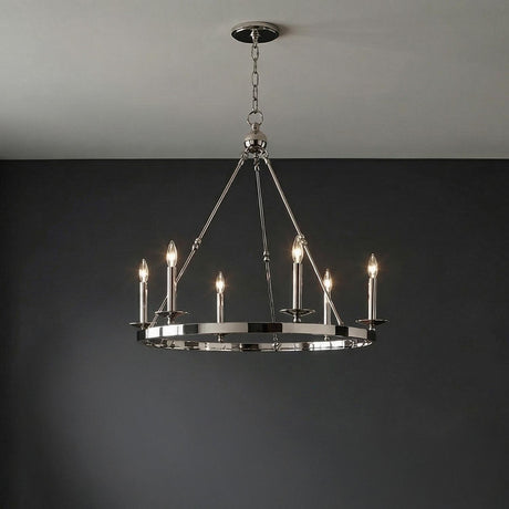 William 6 Light Ring Chandelier 36", Polished Nickel geometric chandelier in a Transitional Dining Room with a dark charcoal wall.