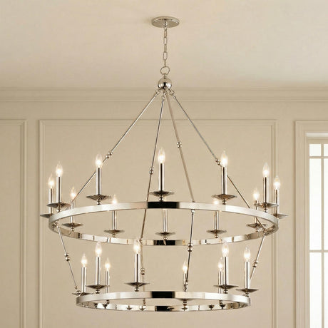 William Two-Tier Ring Chandelier 47", Polished Nickel geometric Chandelier in a Transitional Dining Room with picture frame molding walls.