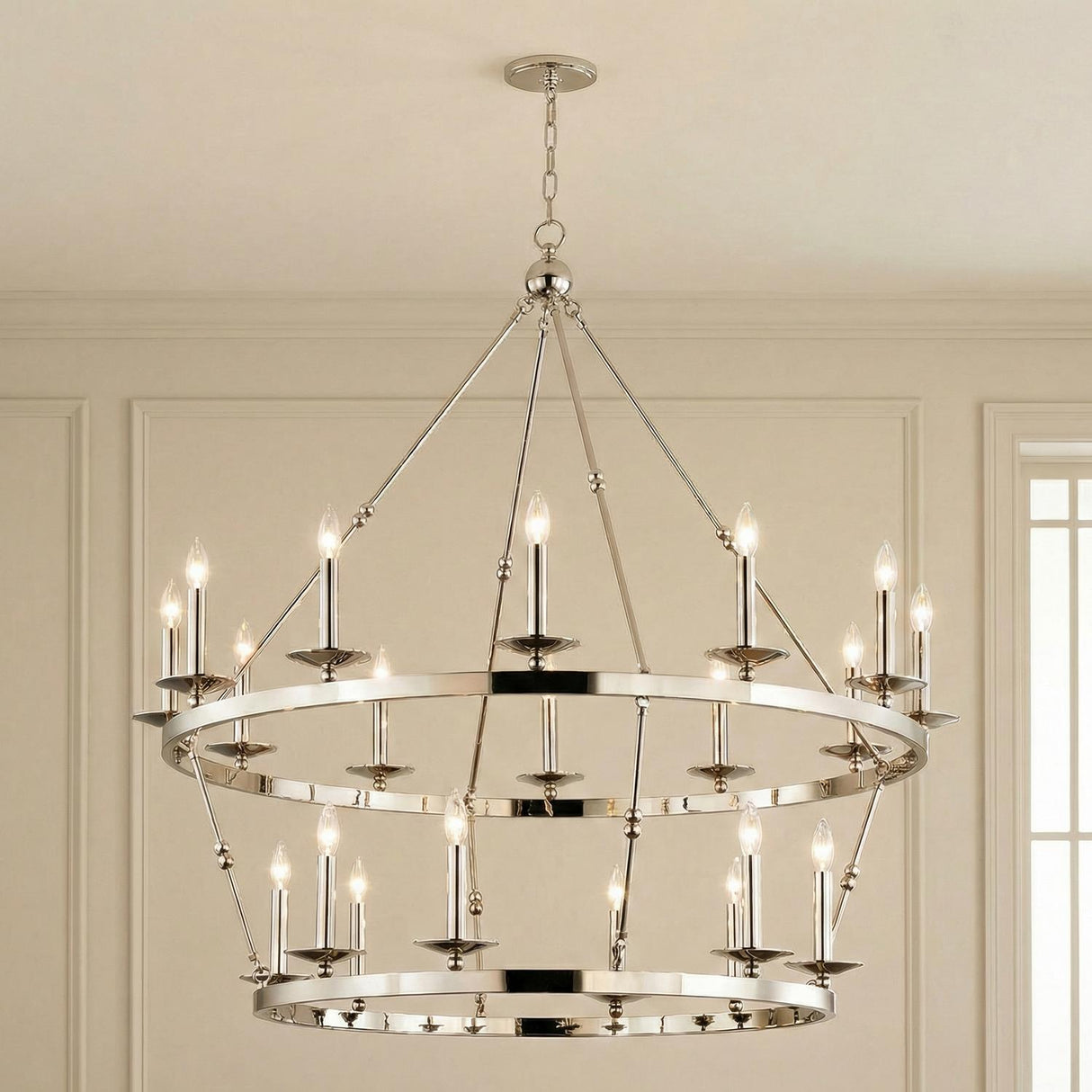 William 20 Light Two-Tier Ring Chandelier 47", Polished Nickel