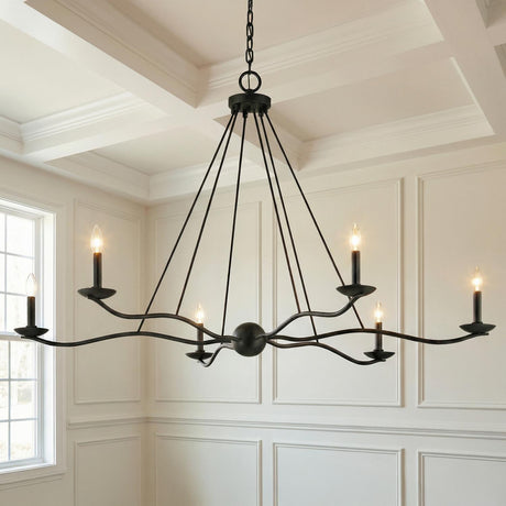 Tamsin 6 Light Chandelier 53", Forged Iron geometric Chandelier in a Transitional Dining Room with a coffered ceiling and wall molding.