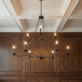 Tamsin Two-Tier Chandelier 53", Forged Iron linear Chandelier in a Traditional Dining Room with dark wood paneling.