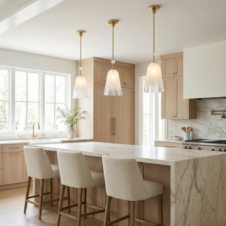 Rosie Pendant 10", Aged Brass scalloped pendant in a Transitional Kitchen with a veined marble island.