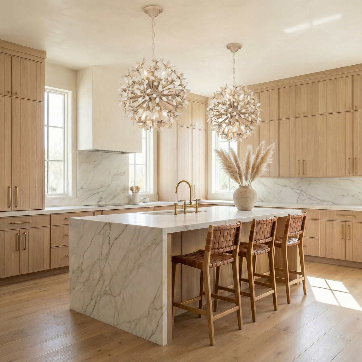 Genevieve Pendant 20", Natural Rope and Coco Shells White leaf design globe Pendant in a Coastal Kitchen with a white marble island.