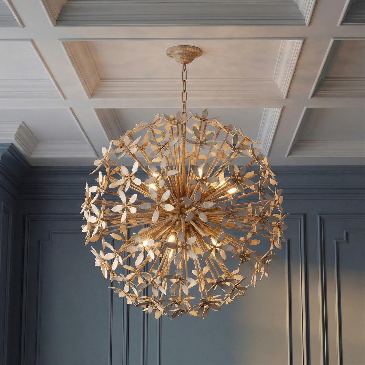 Genevieve Chandelier 30", Natural Rope and Coco Shells leaf design Chandelier in a Transitional Living Room with blue paneling.