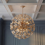 Genevieve Chandelier 30", Natural Rope and Coco Shells leaf design Chandelier in a Transitional Living Room with blue paneling.