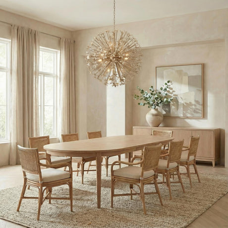 Genevieve Chandelier 40", Natural Rope and Coco Shells Cream leaf design Chandelier in a Coastal Dining Room with an oval oak table.