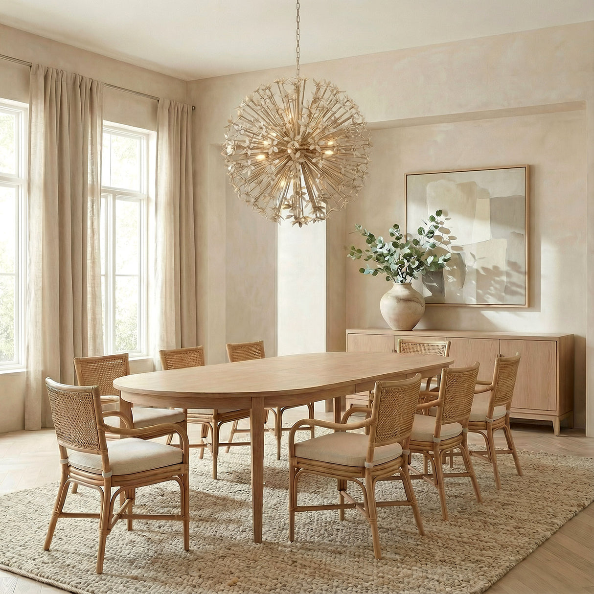 Genevieve Chandelier 40", Natural Rope and Coco Shells Cream leaf design Chandelier in a Coastal Dining Room with an oval oak table.