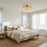 Genevieve Semi-Flush 20", Natural and White leaf design Flush Mount in a Coastal Bedroom with a light wood bed and jute rug.