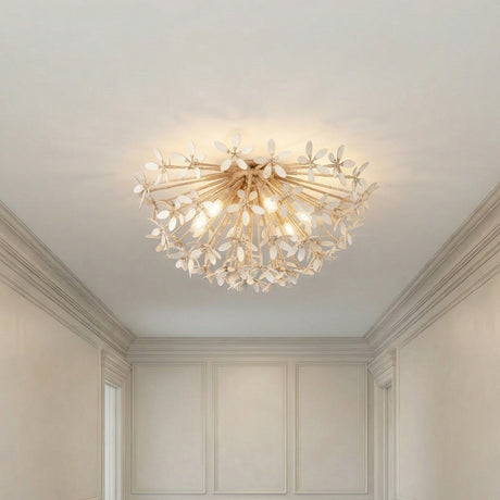 Gold and White leaf design semi-flush in a Traditional Entryway with crown molding and wall paneling.