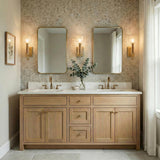 Esther Wall Sconce 14", Aged Brass linear wall sconce in a Transitional Bathroom with a double vanity and mosaic tile.