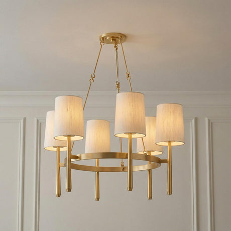 Norene 6 Light Chandelier 30", Aged Brass shaded Chandelier in a Transitional Dining Room with white wall paneling.