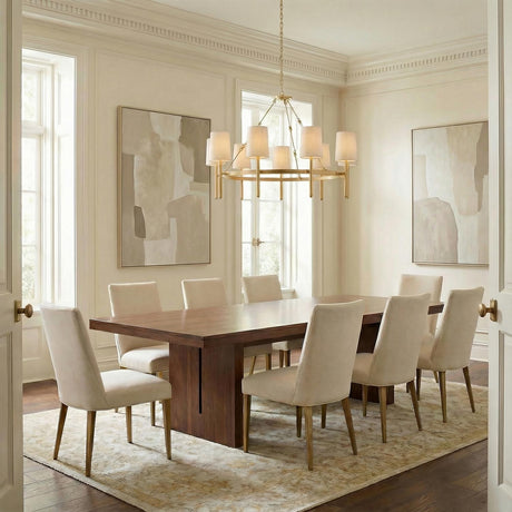 Norene 9 Light Chandelier 46", Aged Brass geometric chandelier in a Transitional Dining Room with a walnut table and upholstered chairs.