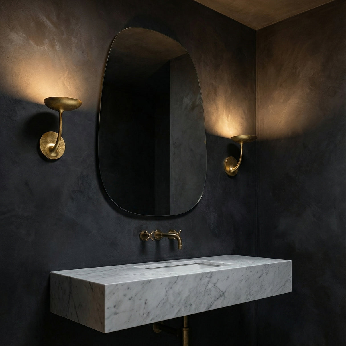 Reverie LED Wall Light 9", Gold Leaf leaf design Wall Sconce in a Contemporary Bathroom with a white marble vanity.